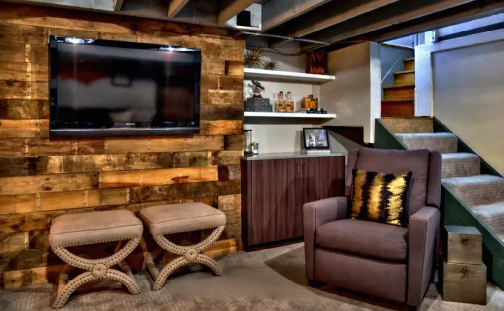 Small underground basement with a TV.