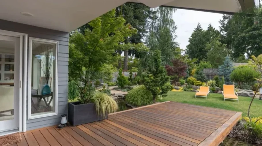 Modern deck overlooking a landscaped garden