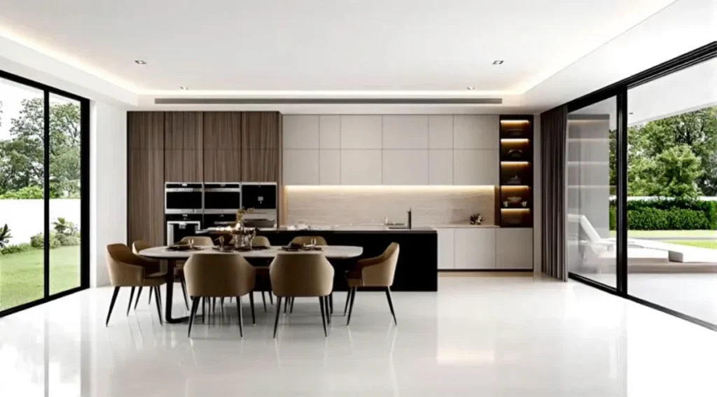 Modern kitchen with elegant dining area