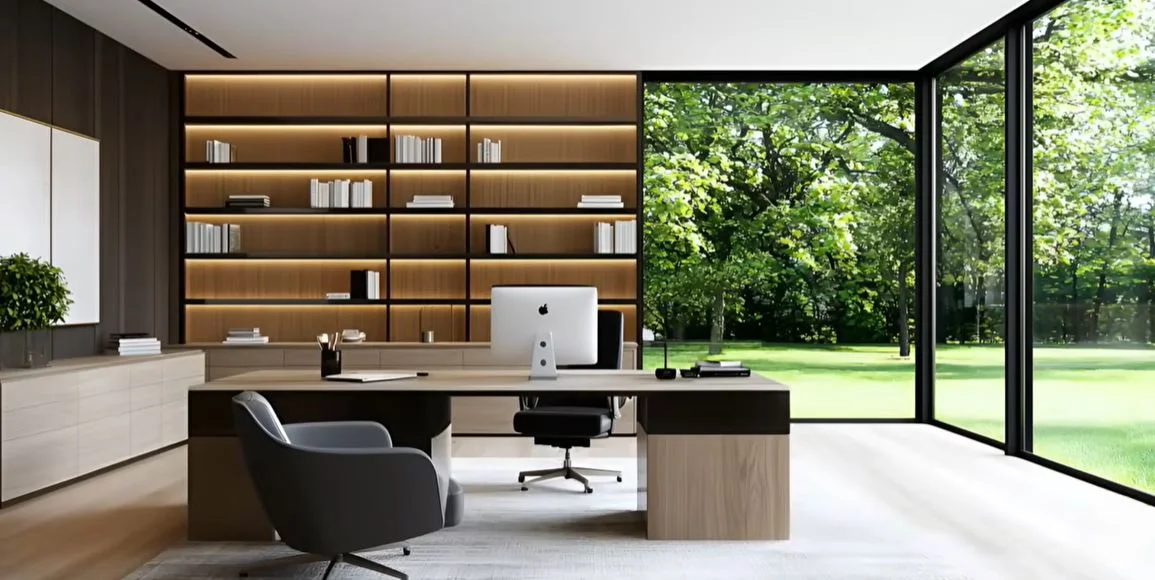 Modern office with large windows